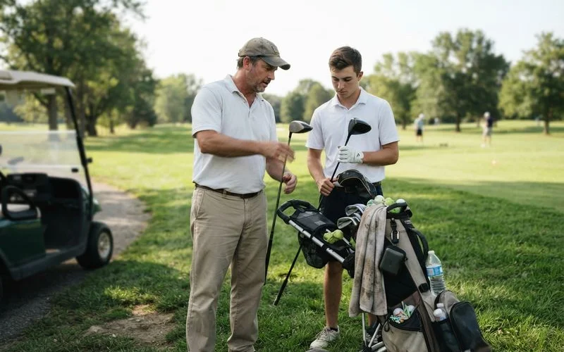 A golf coach and student discussing club selection on a fairway during a playing lesson