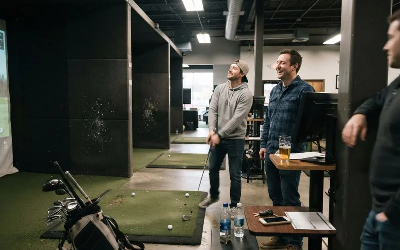 A group of coworkers socializing and taking turns at a golf simulator bay during a corporate event