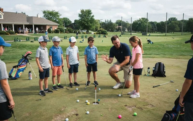 A junior golf instructor working with a small group of kids on a putting green