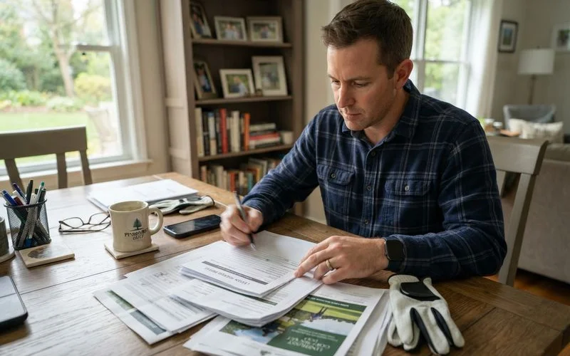 A golfer and instructor reviewing a lesson package agreement at a golf academy desk