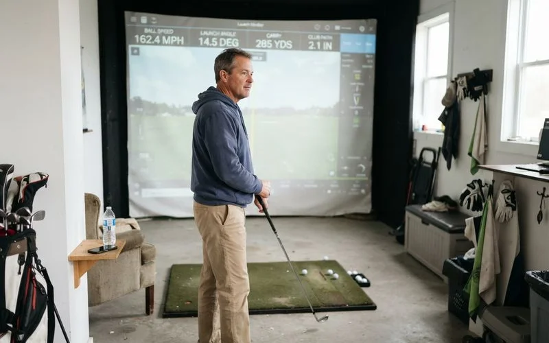 A golfer swinging inside a covered simulator bay while a screen displays swing metrics